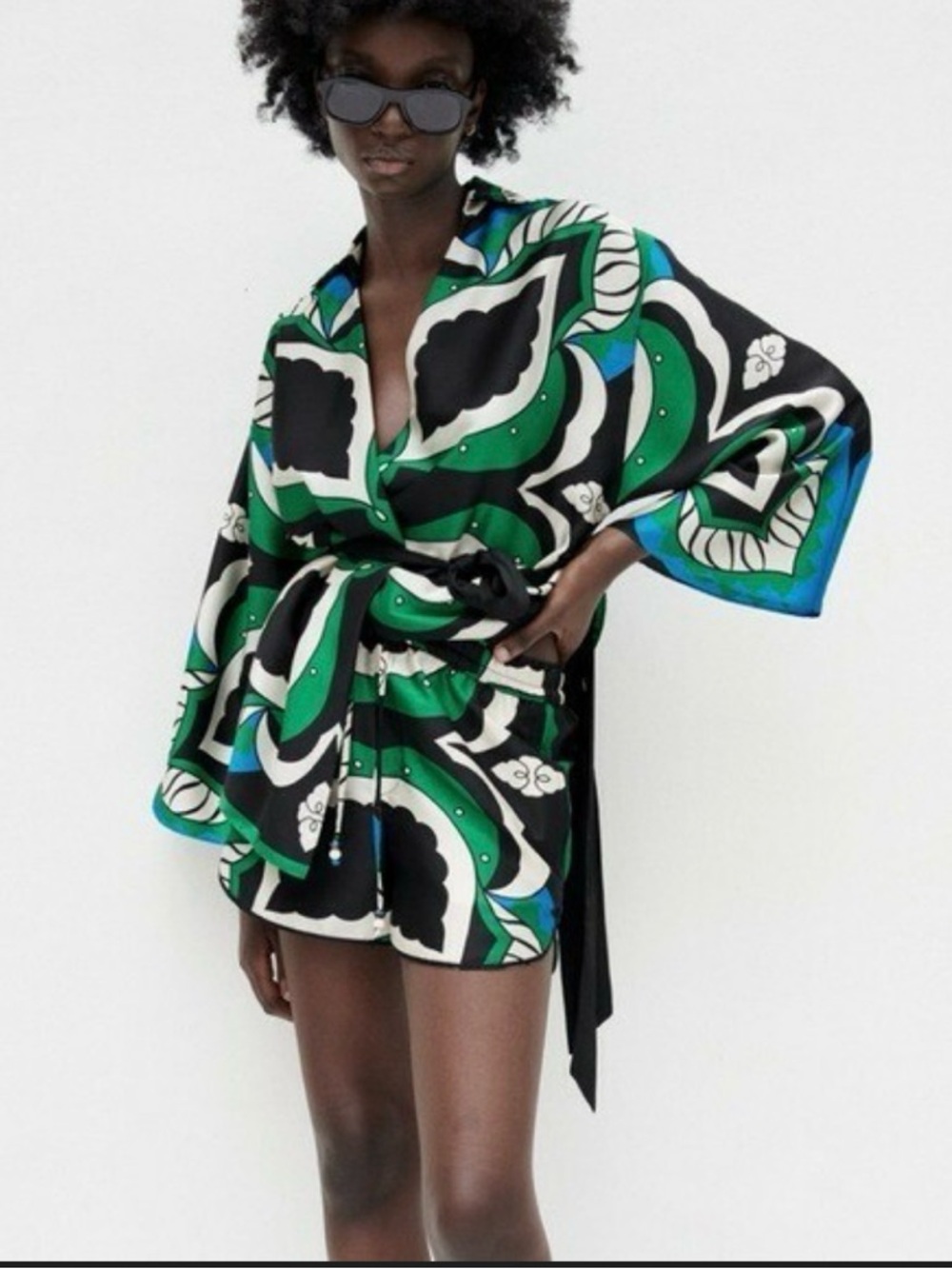Zara Silk-Blend Abstract Print Jacket in Green & Black